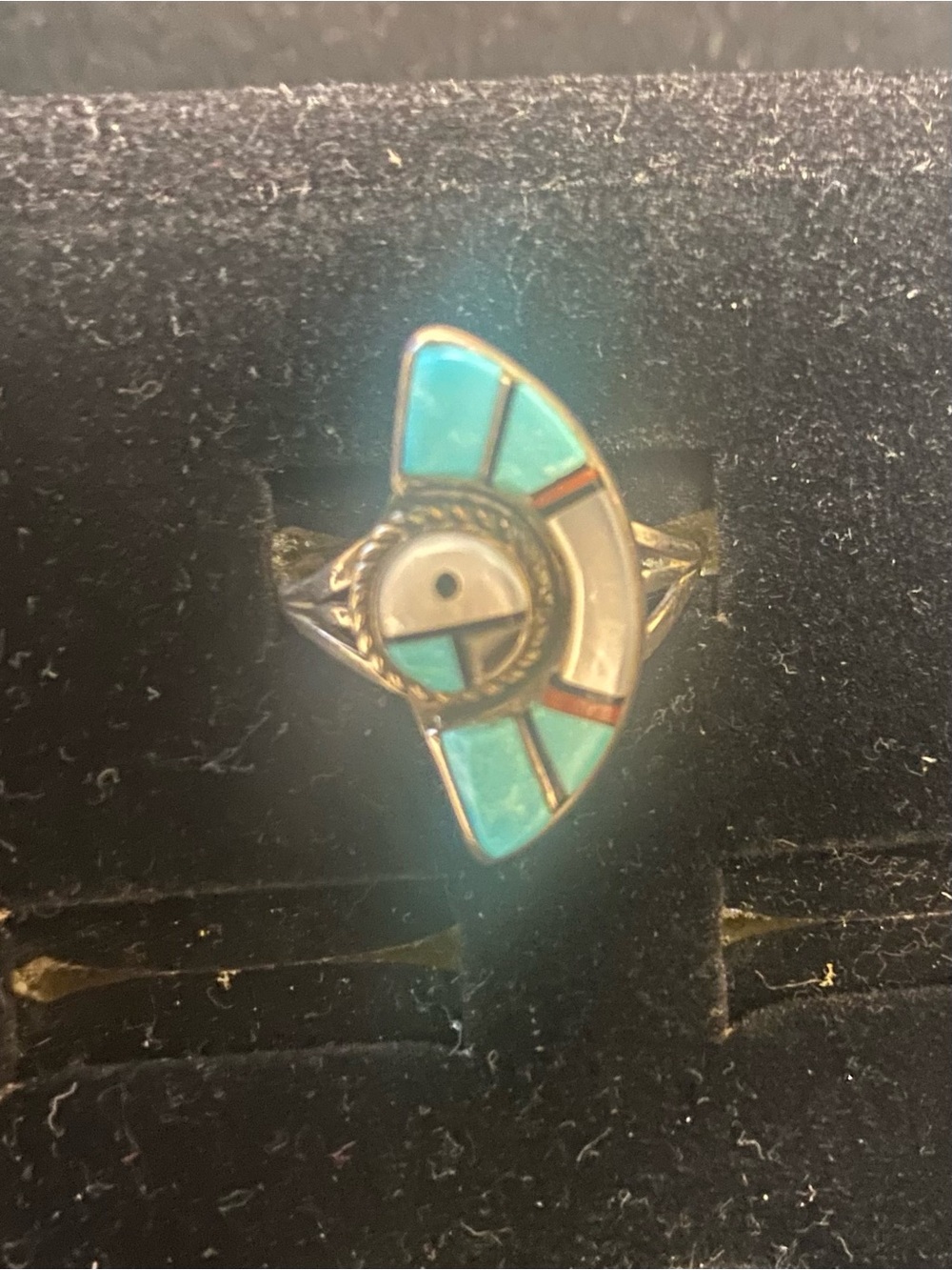 Teme Sterling Silver Turquoise Inlay Fan Ring with Onyx/MOP. Size 8